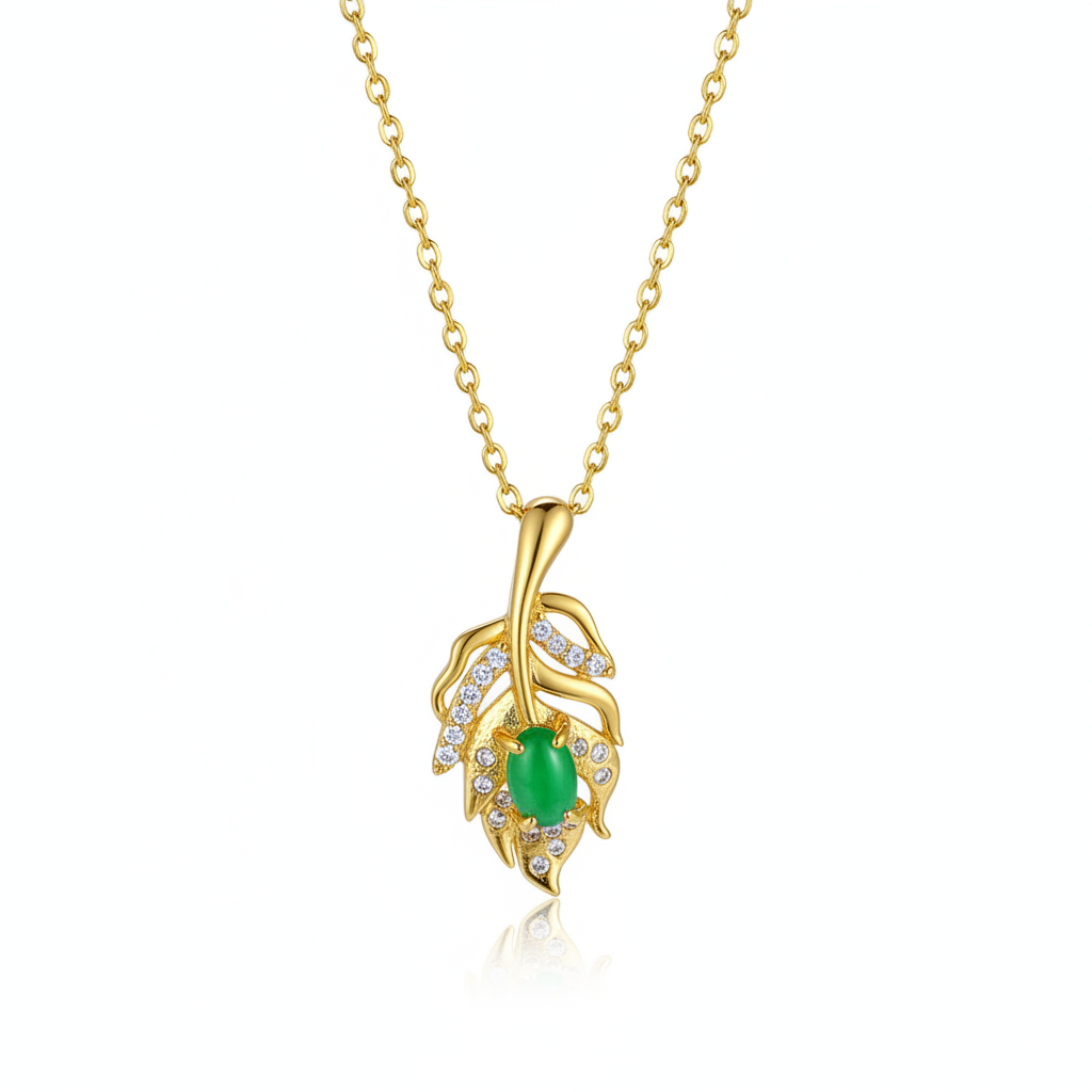 Green Jade & Cubic Zirconia Leaf Pendant Necklace - Street Region