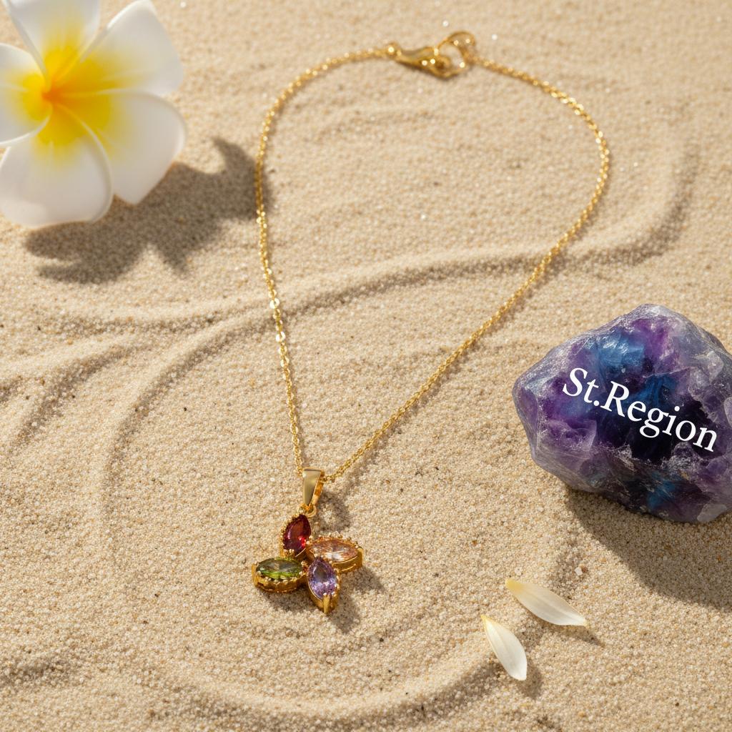 Purple Multicolor Crystal and 18K Gold-Plated Pendant Necklace, gold pendant necklace for women, lifestyle look