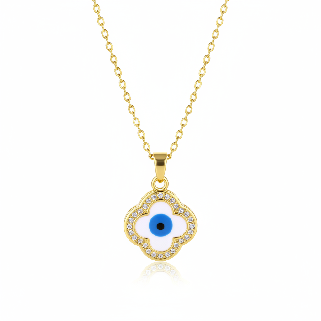Blue Enamel & Cubic Zirconia Eye Clover Pendant Necklace - Street Region