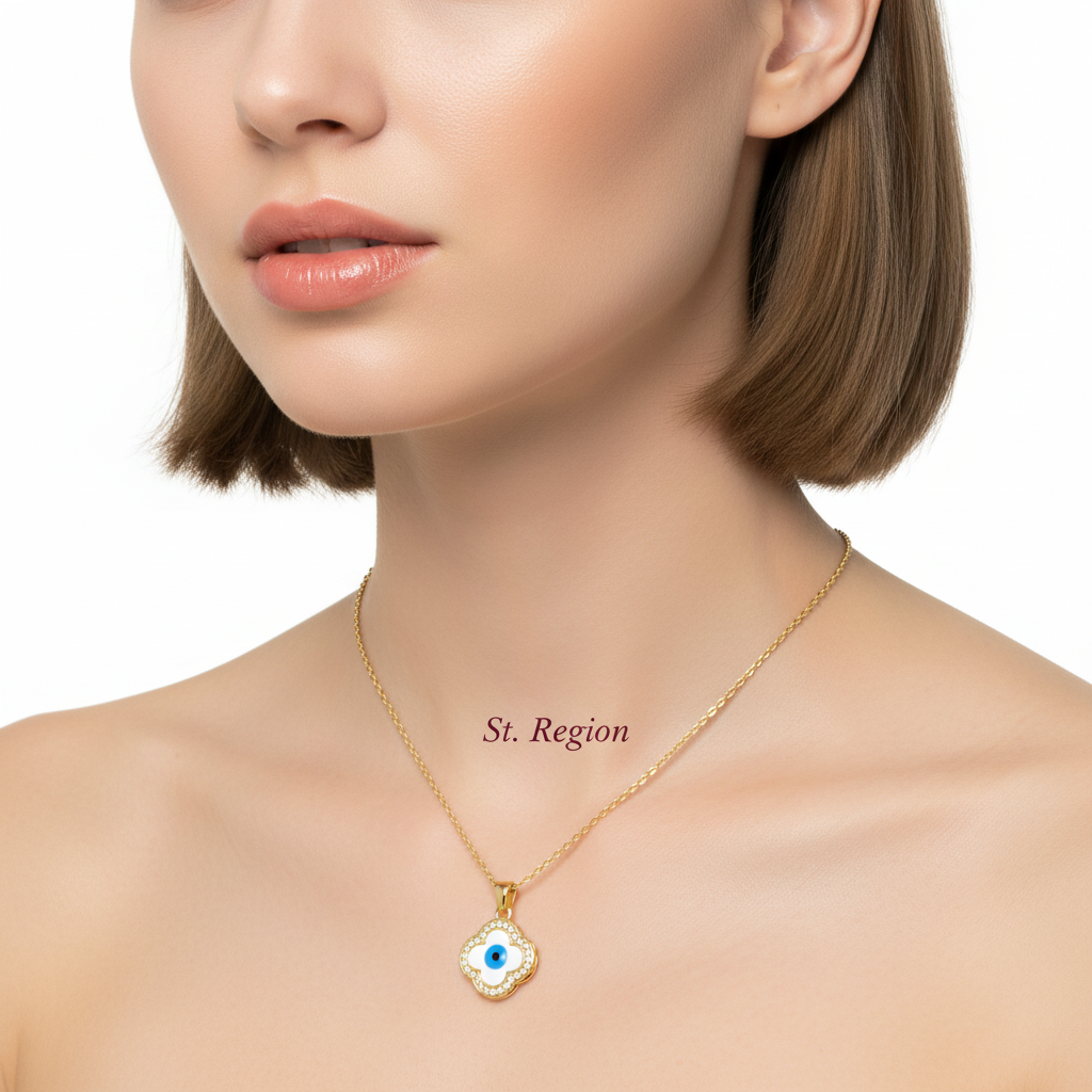Blue Enamel & Cubic Zirconia Eye Clover Pendant Necklace - Street Region