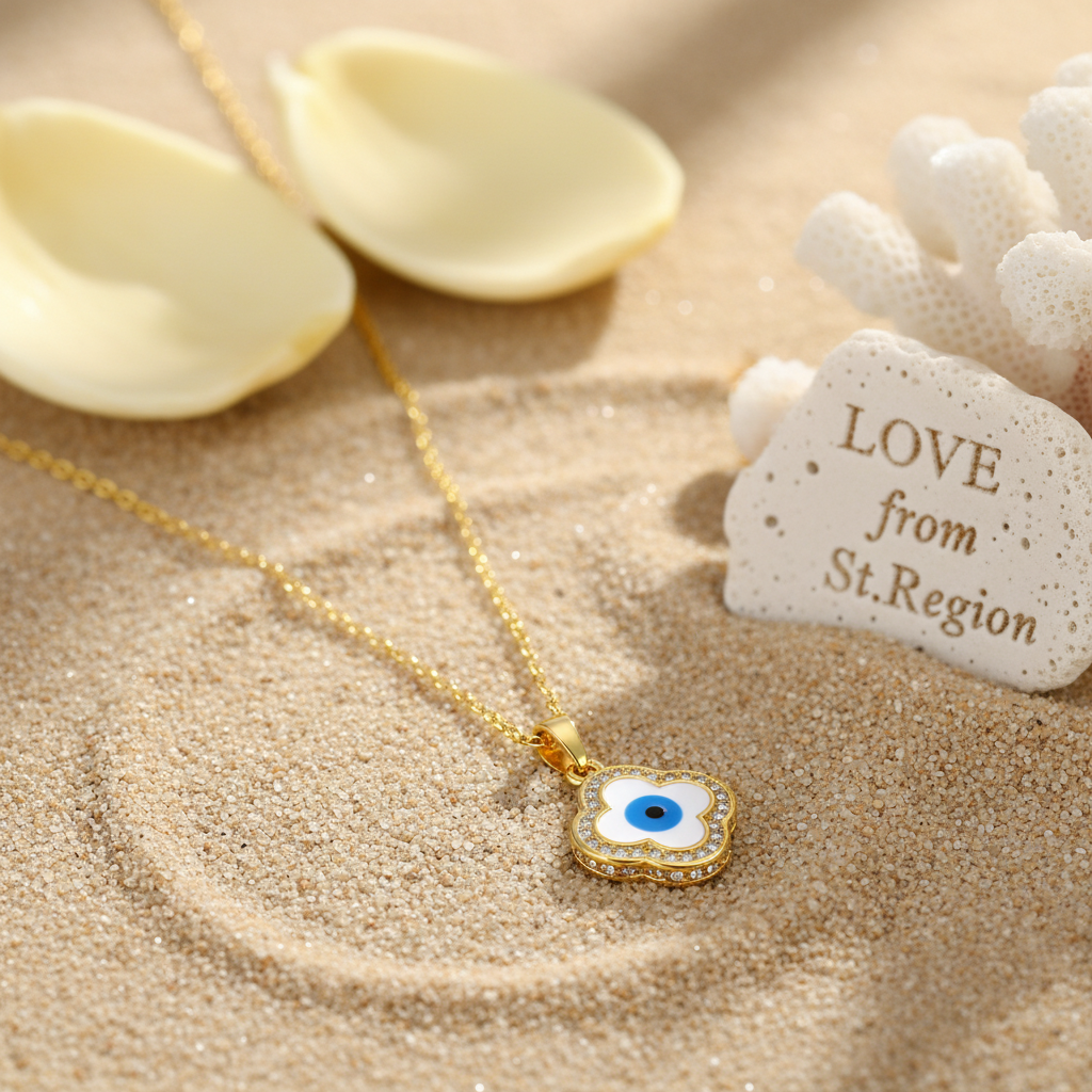 Blue Enamel & Cubic Zirconia Eye Clover Pendant Necklace - Street Region