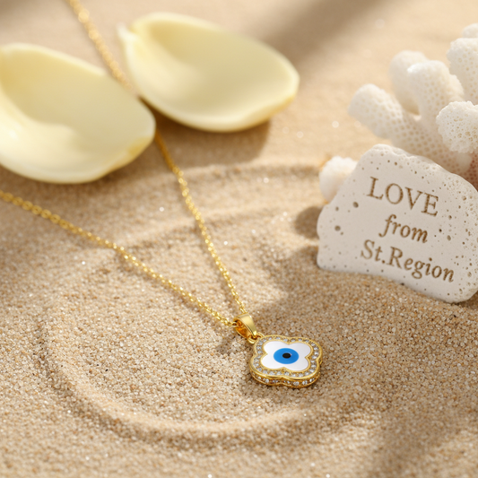 Blue Enamel & Cubic Zirconia Eye Clover Pendant Necklace - Street Region