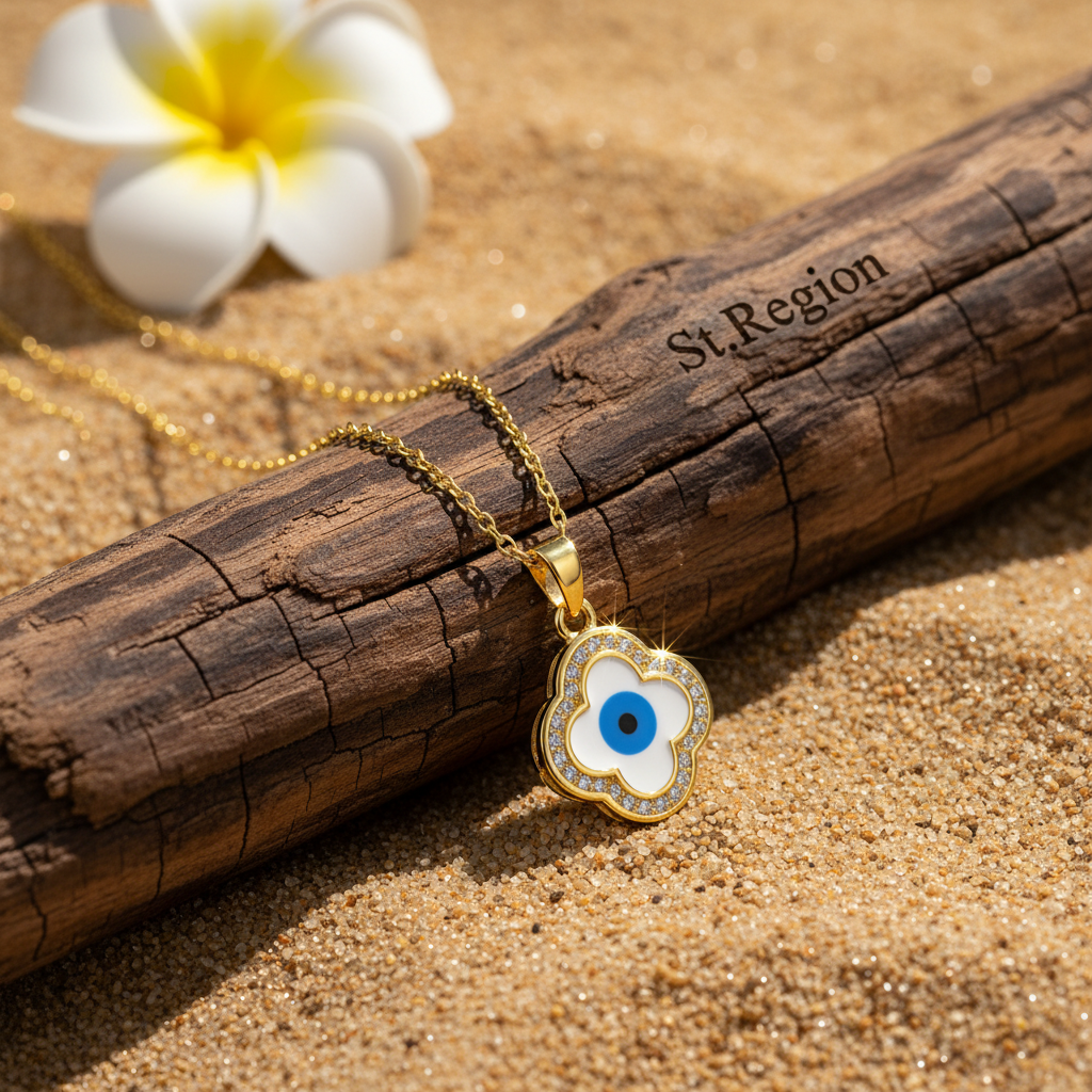 Blue Enamel & Cubic Zirconia Eye Clover Pendant Necklace - Street Region