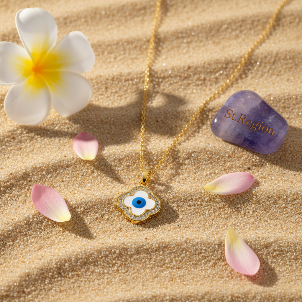 Blue Enamel & Cubic Zirconia Eye Clover Pendant Necklace - Street Region