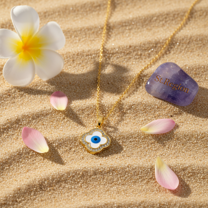 Blue Enamel & Cubic Zirconia Eye Clover Pendant Necklace - Street Region