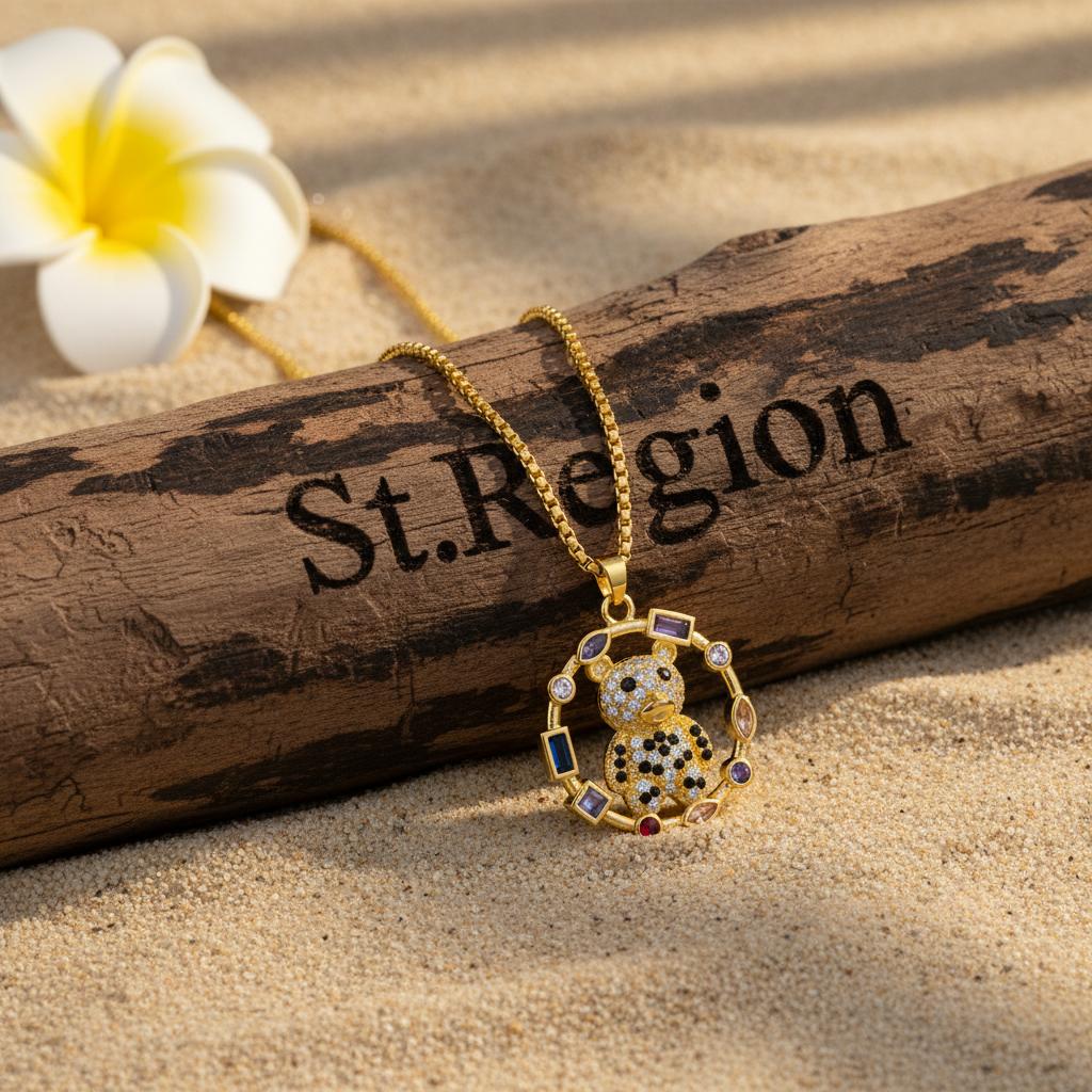 Crystal and 18K Gold-Plated Multicolor Panda Circle Pendant Necklace, gold pendant necklace for women, detail close-up
