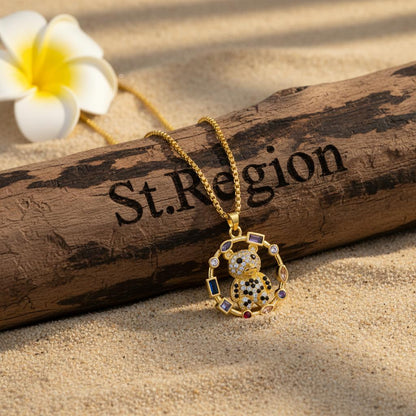 Crystal and 18K Gold-Plated Multicolor Panda Circle Pendant Necklace, gold pendant necklace for women, detail close-up