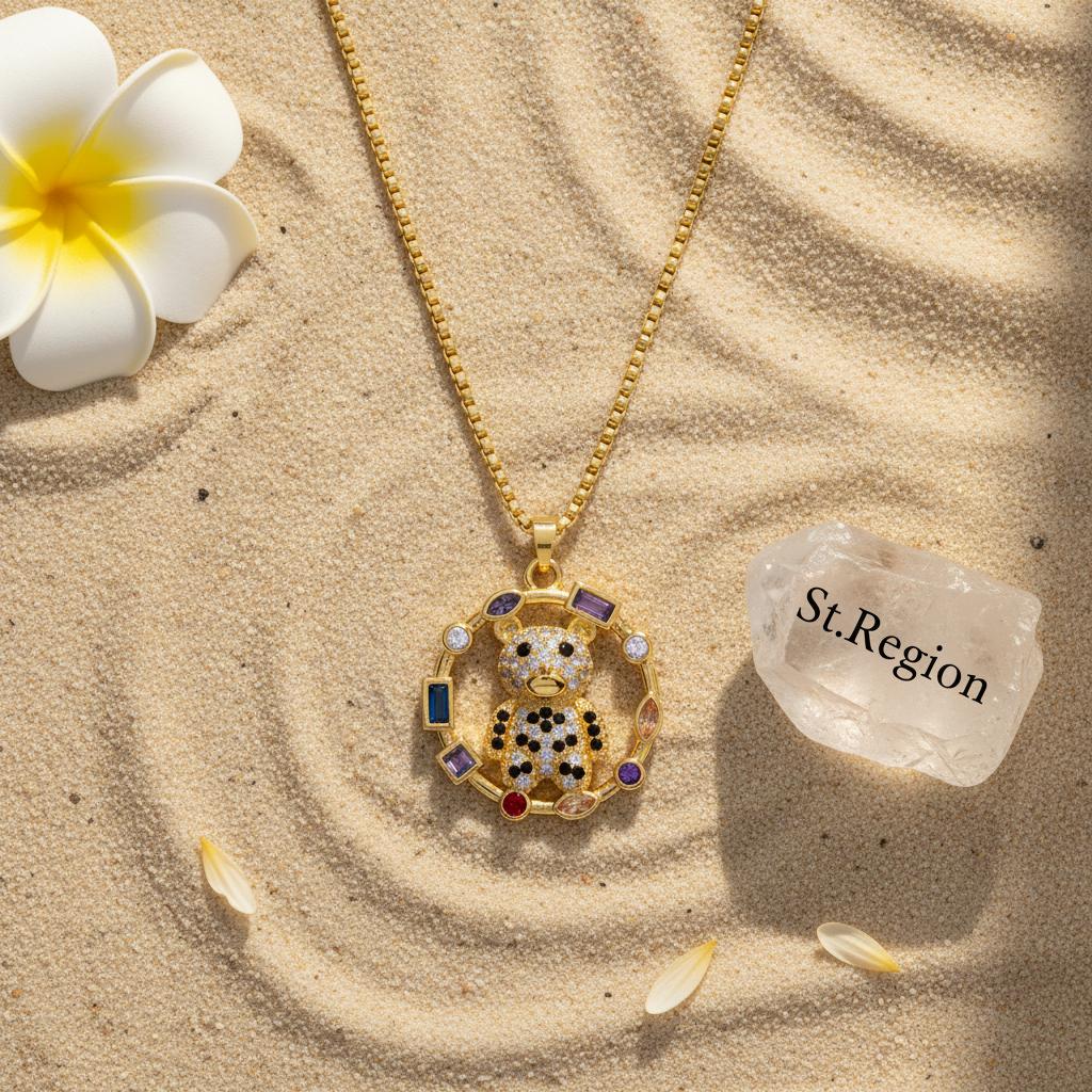 Crystal and 18K Gold-Plated Multicolor Panda Circle Pendant Necklace, gold pendant necklace for women, lifestyle look