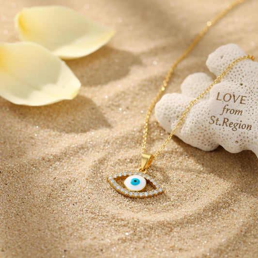Clear Cubic Zirconia & White Enamel Eye Pendant Necklace