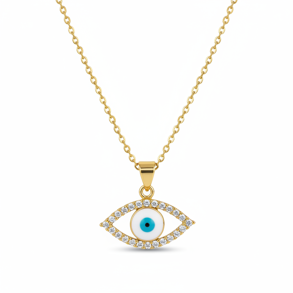 Clear Cubic Zirconia & White Enamel Eye Pendant Necklace - Street Region