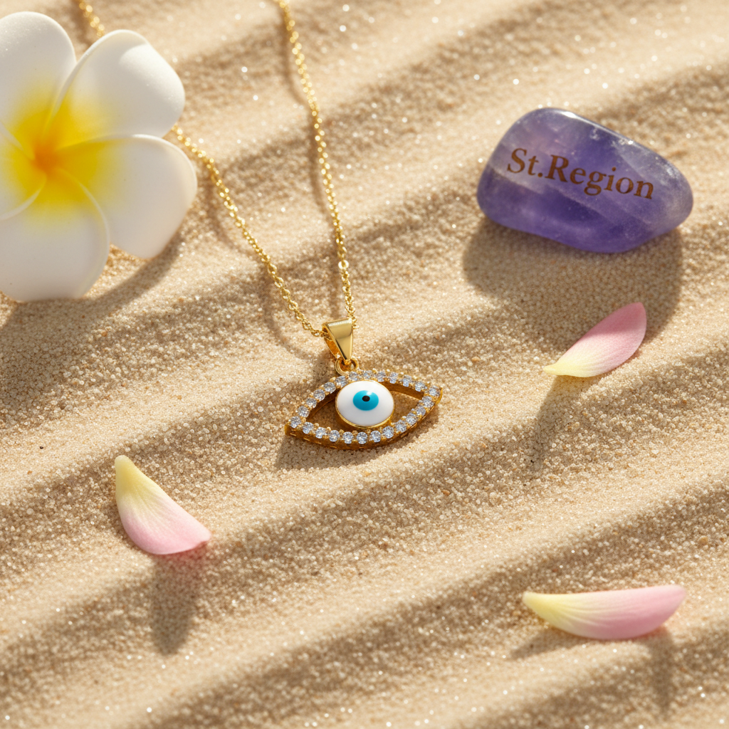 Clear Cubic Zirconia & White Enamel Eye Pendant Necklace - Street Region