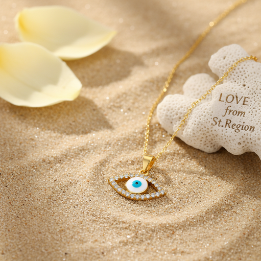 Clear Cubic Zirconia & White Enamel Eye Pendant Necklace - Street Region