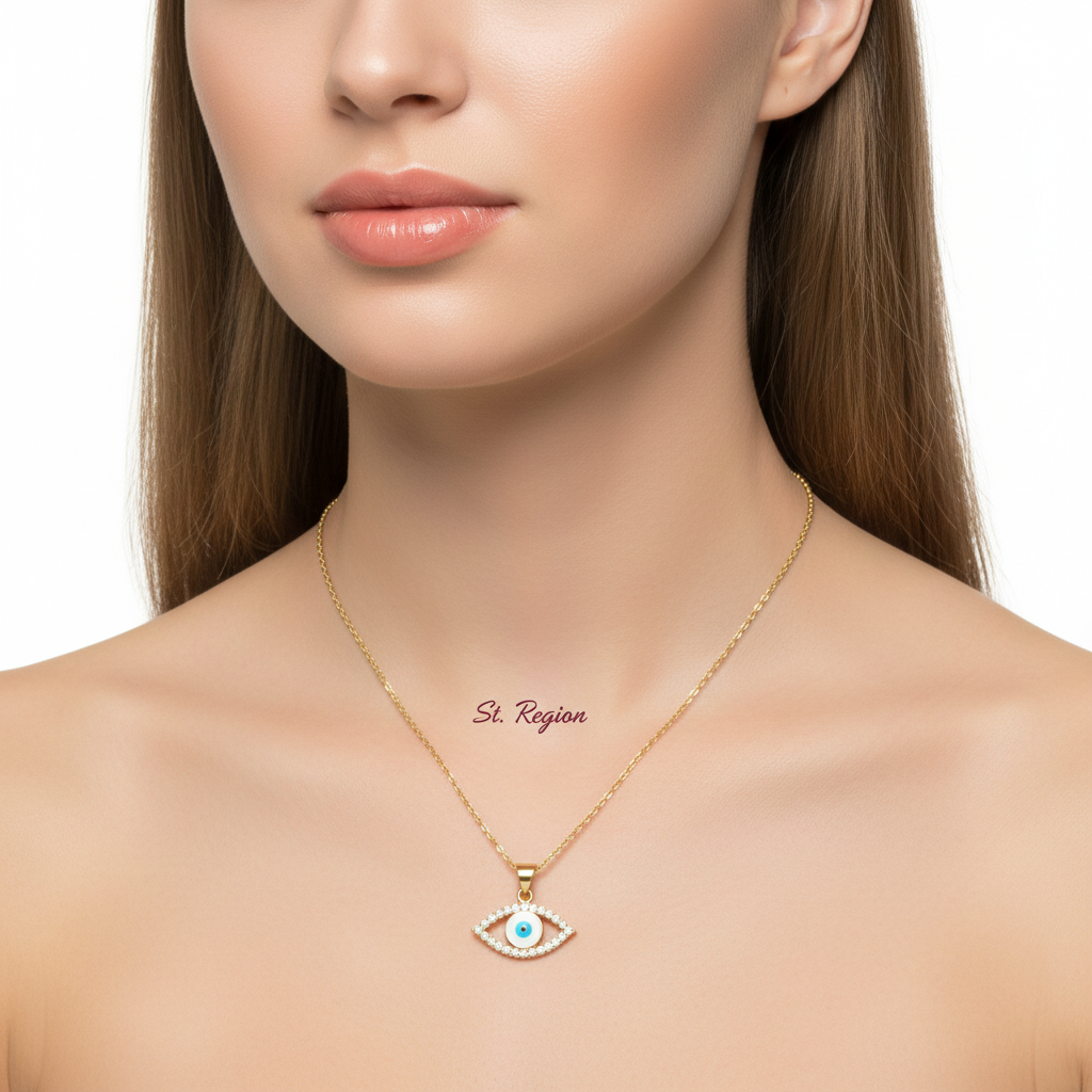 Clear Cubic Zirconia & White Enamel Eye Pendant Necklace - Street Region