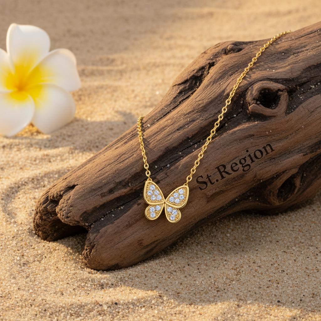 Cubic Zirconia and 18K Gold-Plated Butterfly Pendant Necklace, gold pendant necklace for women, detail close-up