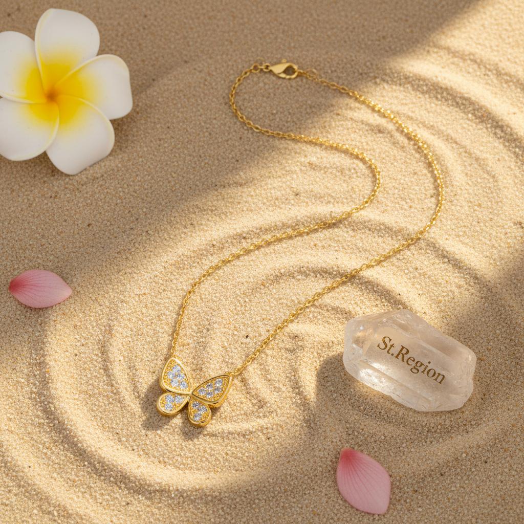 Cubic Zirconia and 18K Gold-Plated Butterfly Pendant Necklace, gold pendant necklace for women, lifestyle look