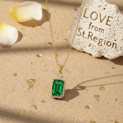 Green Crystal and Cubic Zirconia 18K Gold-Plated Rectangle Pendant Necklace, gold pendant necklace for women, front view