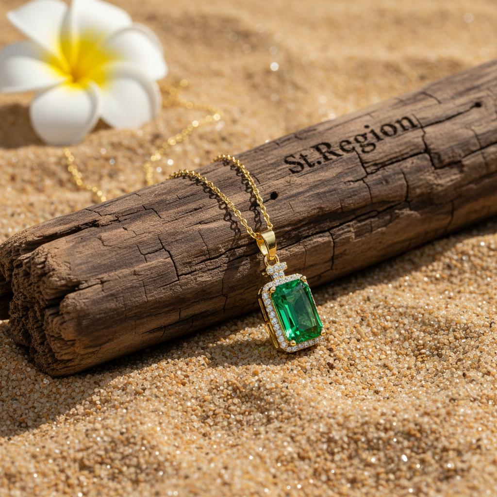Green Crystal and Cubic Zirconia 18K Gold-Plated Rectangle Pendant Necklace, gold pendant necklace for women, detail close-up
