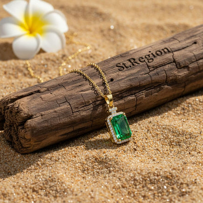Green Crystal and Cubic Zirconia 18K Gold-Plated Rectangle Pendant Necklace, gold pendant necklace for women, detail close-up