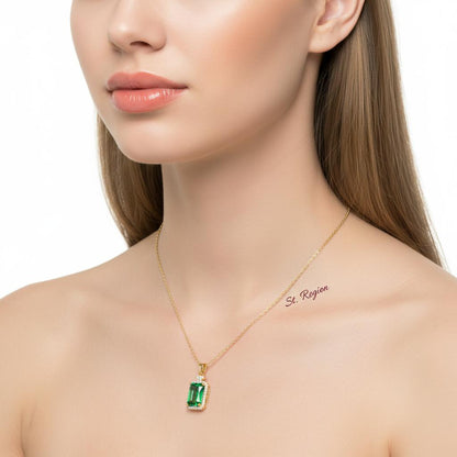 Green Crystal and Cubic Zirconia 18K Gold-Plated Rectangle Pendant Necklace, gold pendant necklace for women, styled look