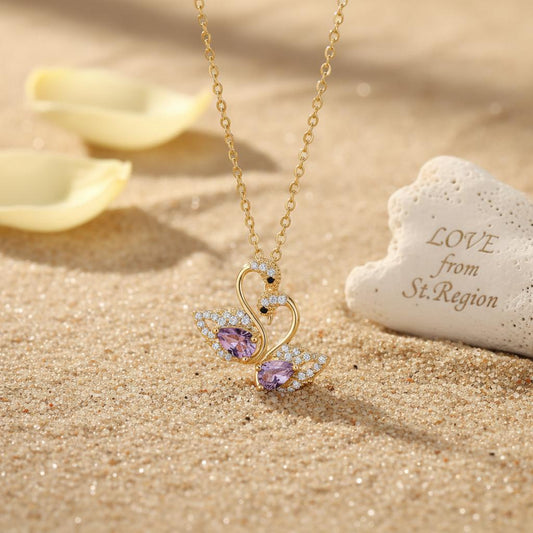 Purple Crystal & Cubic Zirconia 18K Gold-Plated Swan Pendant Necklace