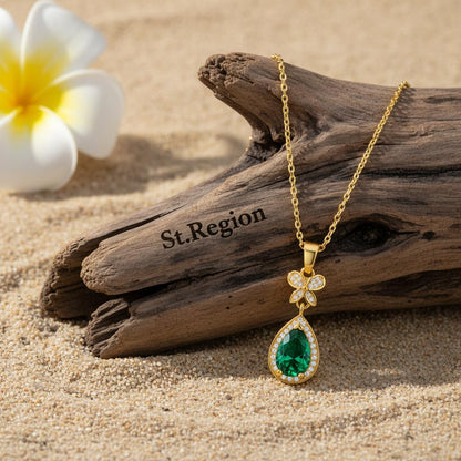 Green Crystal and Cubic Zirconia Butterfly Drop Pendant Necklace, pendant necklace for women, detail close-up