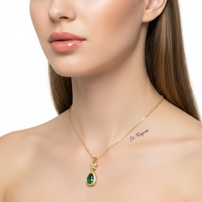 Green Crystal and Cubic Zirconia Butterfly Drop Pendant Necklace, pendant necklace for women, styled look