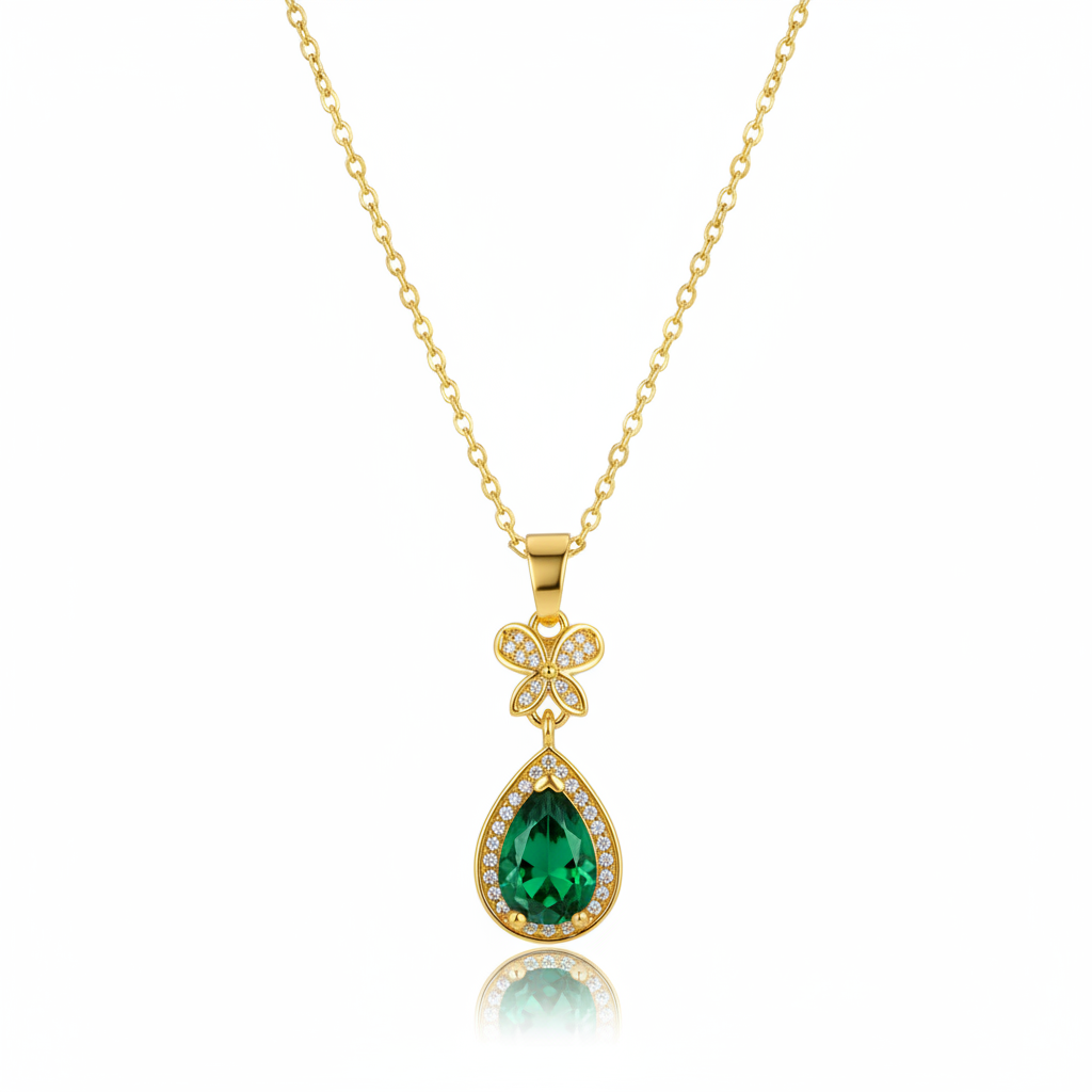 Green Crystal & Cubic Zirconia Butterfly Drop Pendant Necklace - Street Region