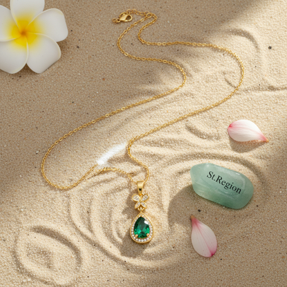 Green Crystal & Cubic Zirconia Butterfly Drop Pendant Necklace - Street Region