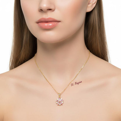 Pink Crystal & Cubic Zirconia Flower Pendant Necklace
