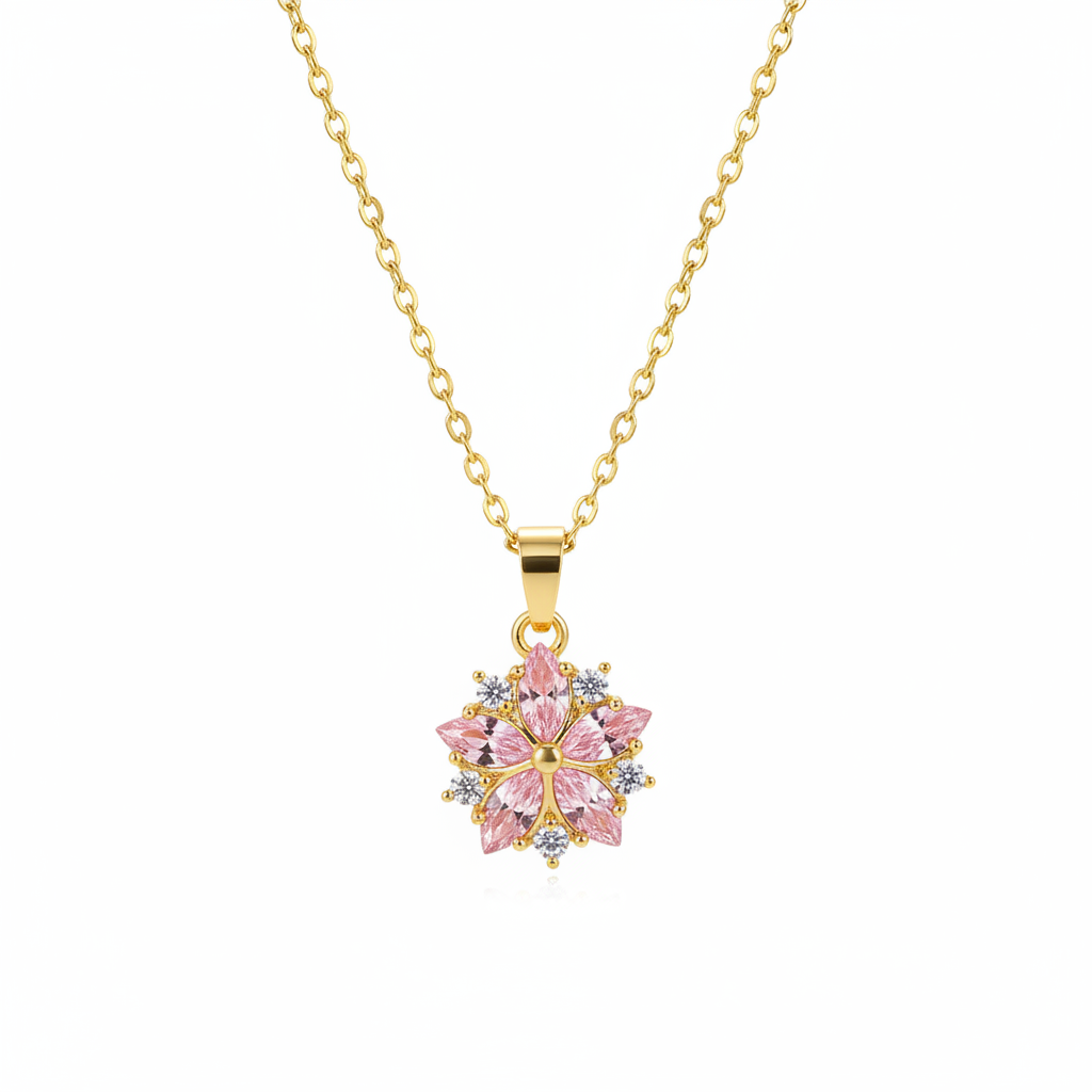 Pink Crystal & Cubic Zirconia Flower Pendant Necklace - Street Region
