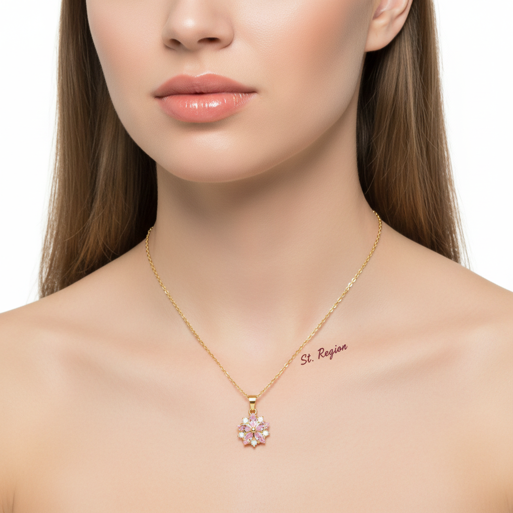 Pink Crystal & Cubic Zirconia Flower Pendant Necklace - Street Region