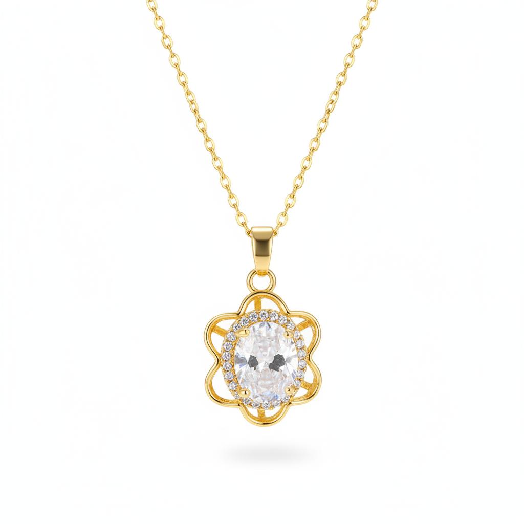 Crystal and Cubic Zirconia 18K Gold-Plated Oval Flower Pendant Necklace, gold pendant necklace for women, side view