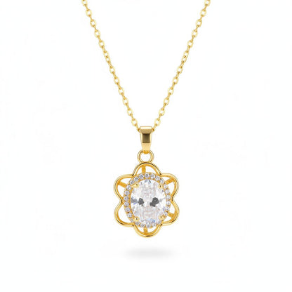 Crystal and Cubic Zirconia 18K Gold-Plated Oval Flower Pendant Necklace, gold pendant necklace for women, side view