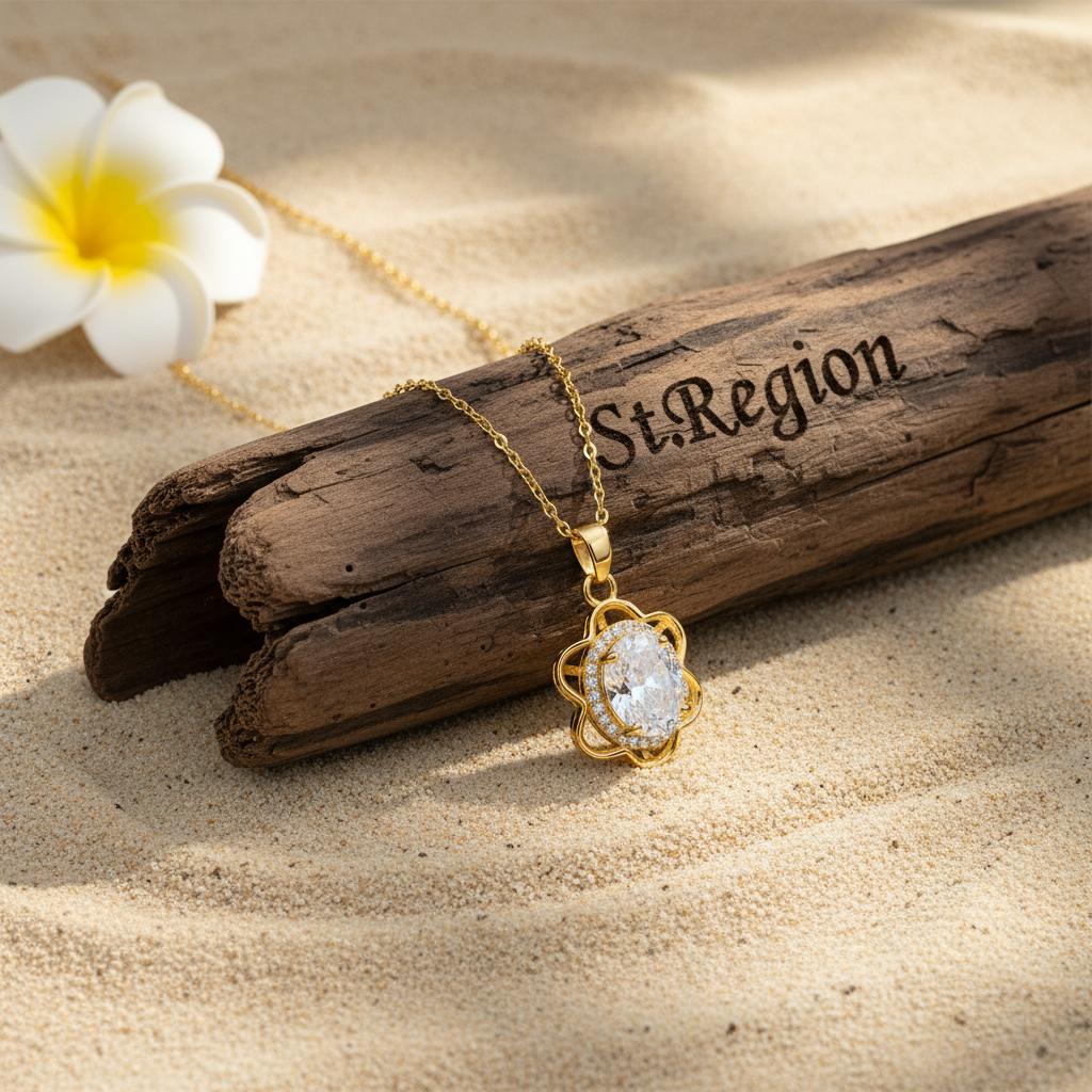 Crystal and Cubic Zirconia 18K Gold-Plated Oval Flower Pendant Necklace, gold pendant necklace for women, detail close-up