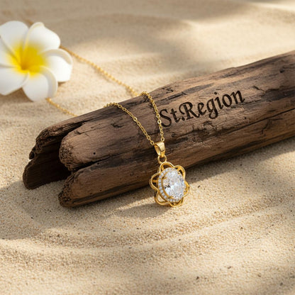 Crystal and Cubic Zirconia 18K Gold-Plated Oval Flower Pendant Necklace, gold pendant necklace for women, detail close-up