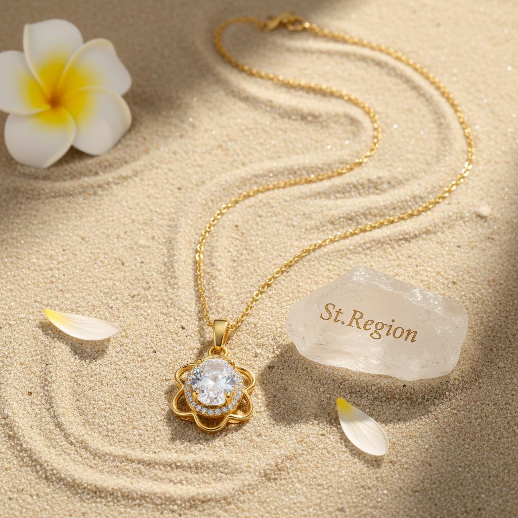 Crystal and Cubic Zirconia 18K Gold-Plated Oval Flower Pendant Necklace, gold pendant necklace for women, lifestyle look