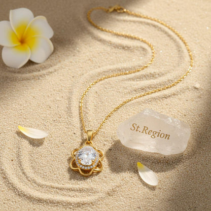 Crystal and Cubic Zirconia 18K Gold-Plated Oval Flower Pendant Necklace, gold pendant necklace for women, lifestyle look