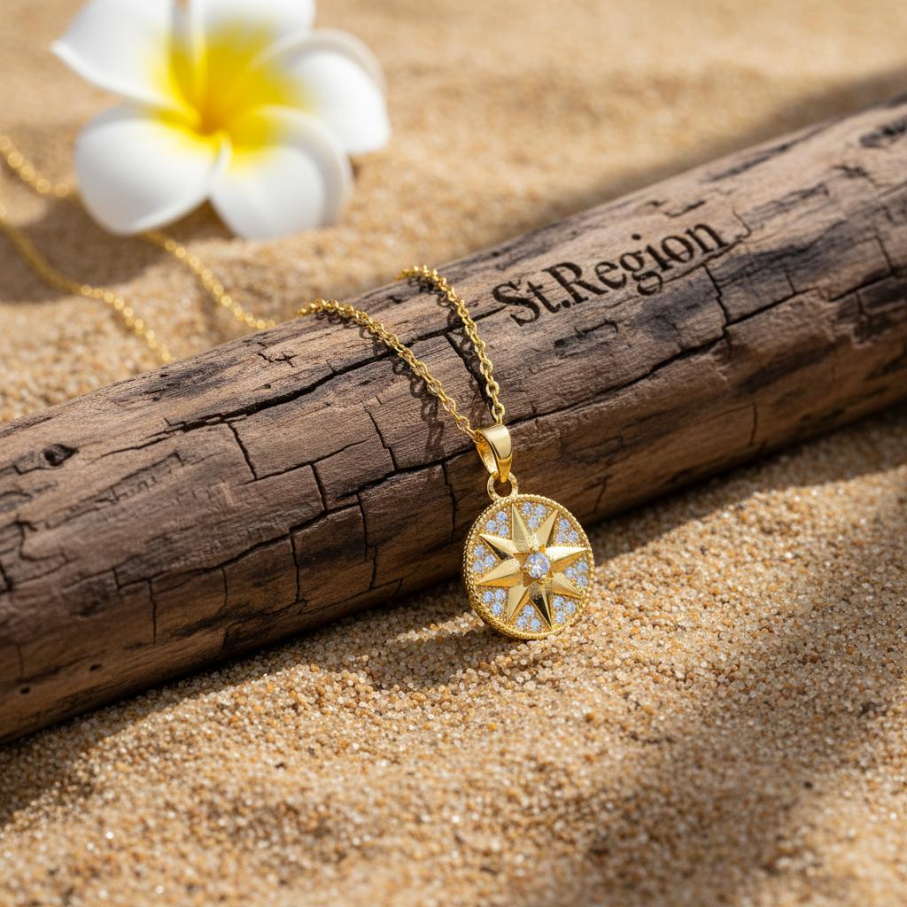 Cubic Zirconia and 18K Gold-Plated Star Round Pendant Necklace, gold pendant necklace for women, detail close-up