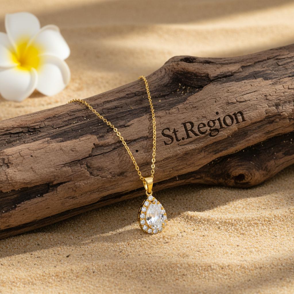 Crystal and Cubic Zirconia 18K Gold-Plated Teardrop Pendant Necklace, gold pendant necklace for women, detail close-up