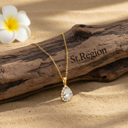 Crystal and Cubic Zirconia 18K Gold-Plated Teardrop Pendant Necklace, gold pendant necklace for women, detail close-up