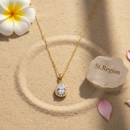 Crystal and Cubic Zirconia 18K Gold-Plated Teardrop Pendant Necklace, gold pendant necklace for women, lifestyle look