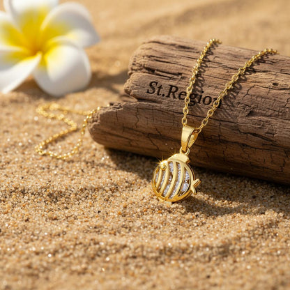 Crystal and 18K Gold-Plated Fish Pendant Necklace, gold pendant necklace for women, vintage-inspired design, detail close-up