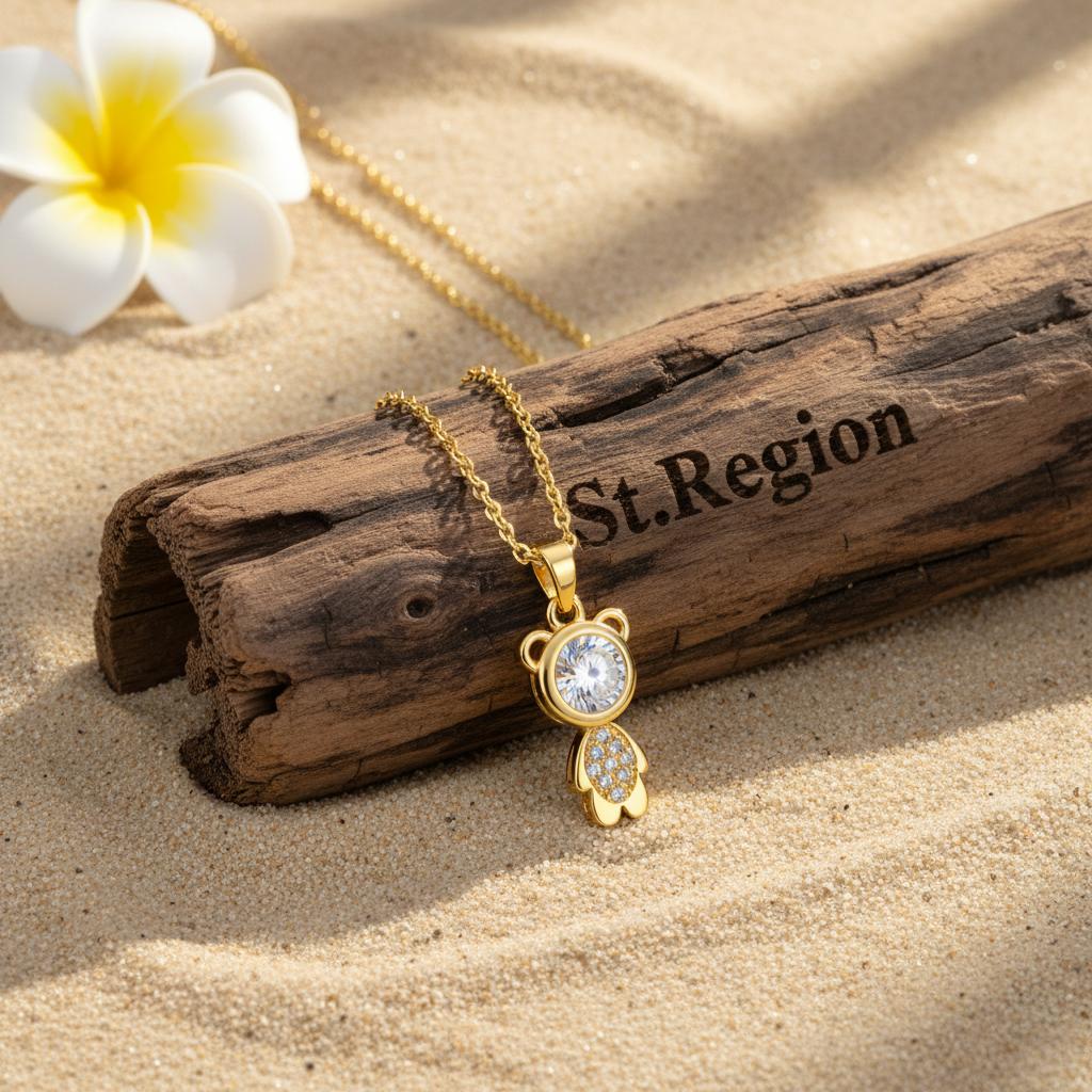 Crystal and 18K Gold-Plated Bear Pendant Necklace, gold pendant necklace for women, everyday style, detail close-up