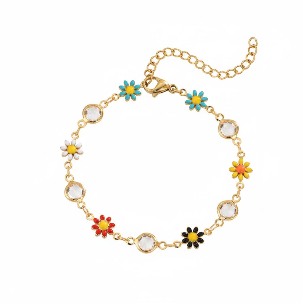 Clear Crystal & Multicolor Enamel 18K Gold-Plated Mum Station Bracelet