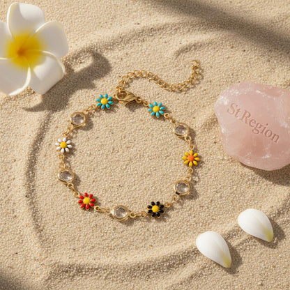 Clear Crystal & Multicolor Enamel 18K Gold-Plated Mum Station Bracelet