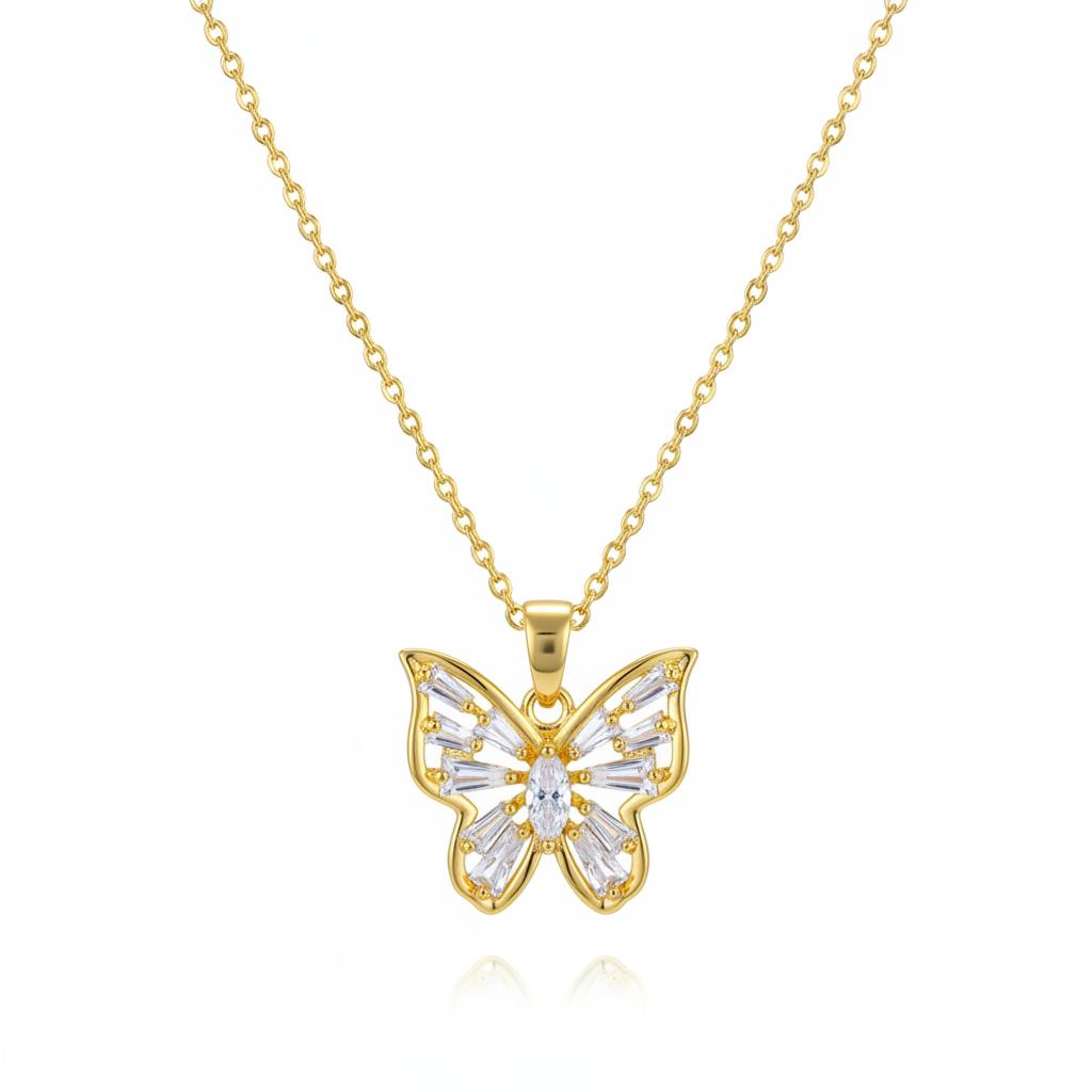 Crystal and 18K Gold-Plated Butterfly Pendant Necklace, gold pendant necklace for women, botanical inspired, side view