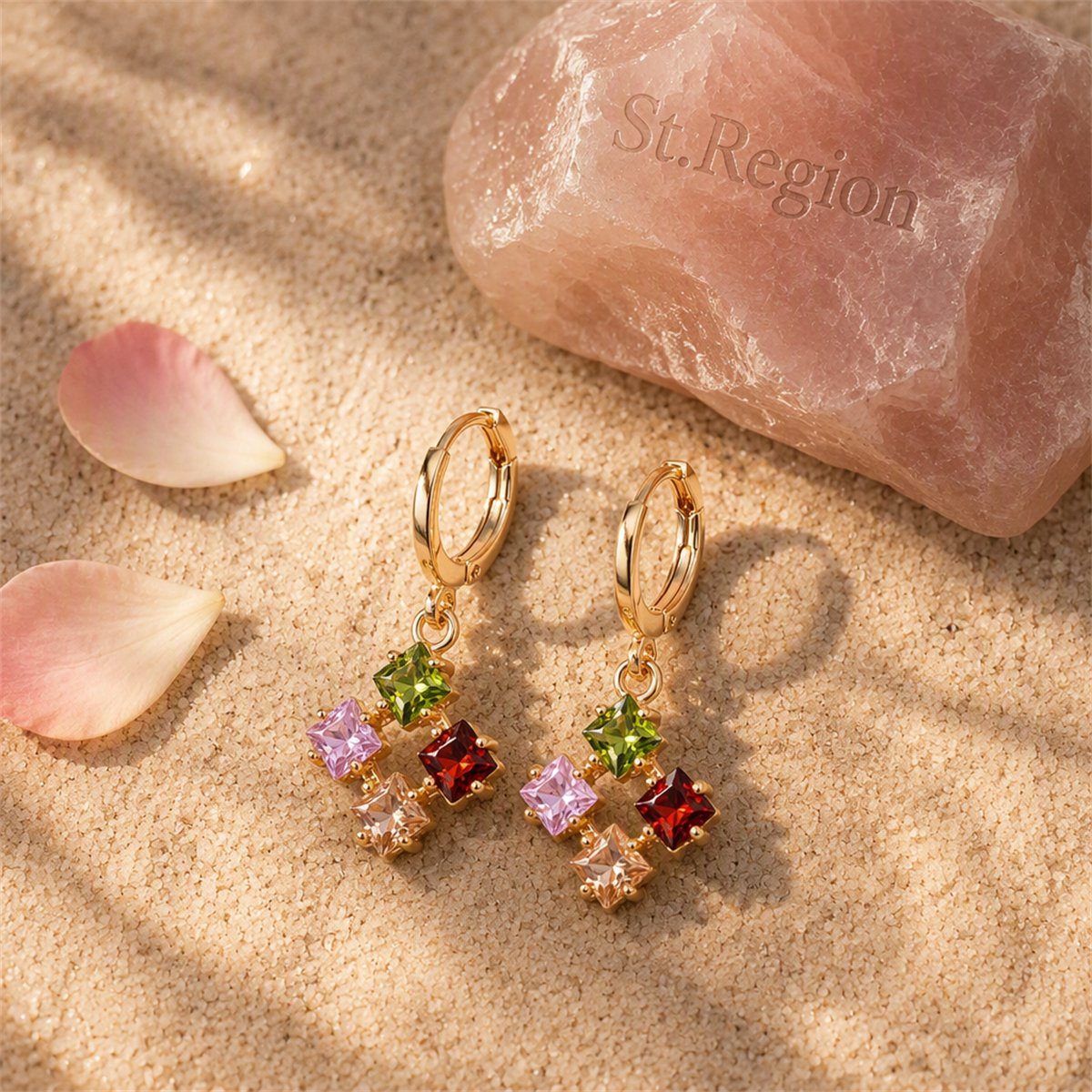 Multicolor Crystal and Cubic Zirconia Princess-Cut Huggie Earrings, huggie earrings, elegant gift for her, detail close-up
