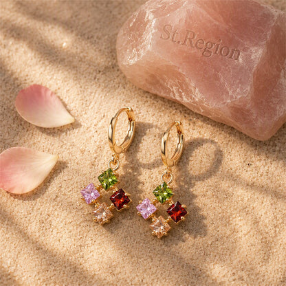 Multicolor Crystal and Cubic Zirconia Princess-Cut Huggie Earrings, huggie earrings, elegant gift for her, detail close-up