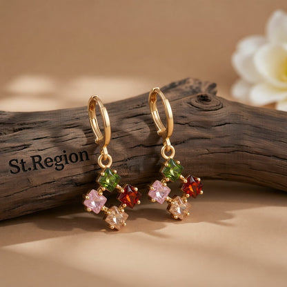 Multicolor Crystal and Cubic Zirconia Princess-Cut Huggie Earrings, huggie earrings, elegant gift for her, front view