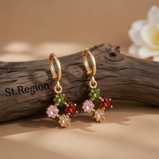 Multicolor Crystal and Cubic Zirconia Princess-Cut Huggie Earrings, huggie earrings, elegant gift for her, front view
